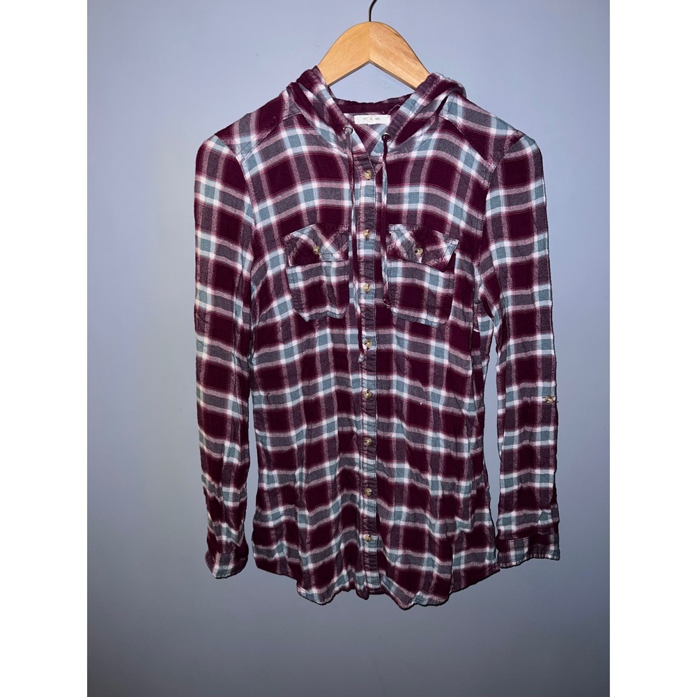 Maurices Womens Burgundy Blue Plaid Hooded Flannel Shirt Roll Tab‎ Sleeve Small